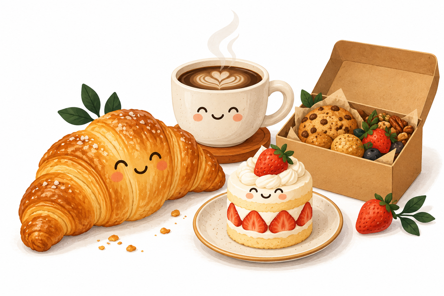 ภาพการ์ตูนขนมครัวซองต์ เค้ก และกาแฟ